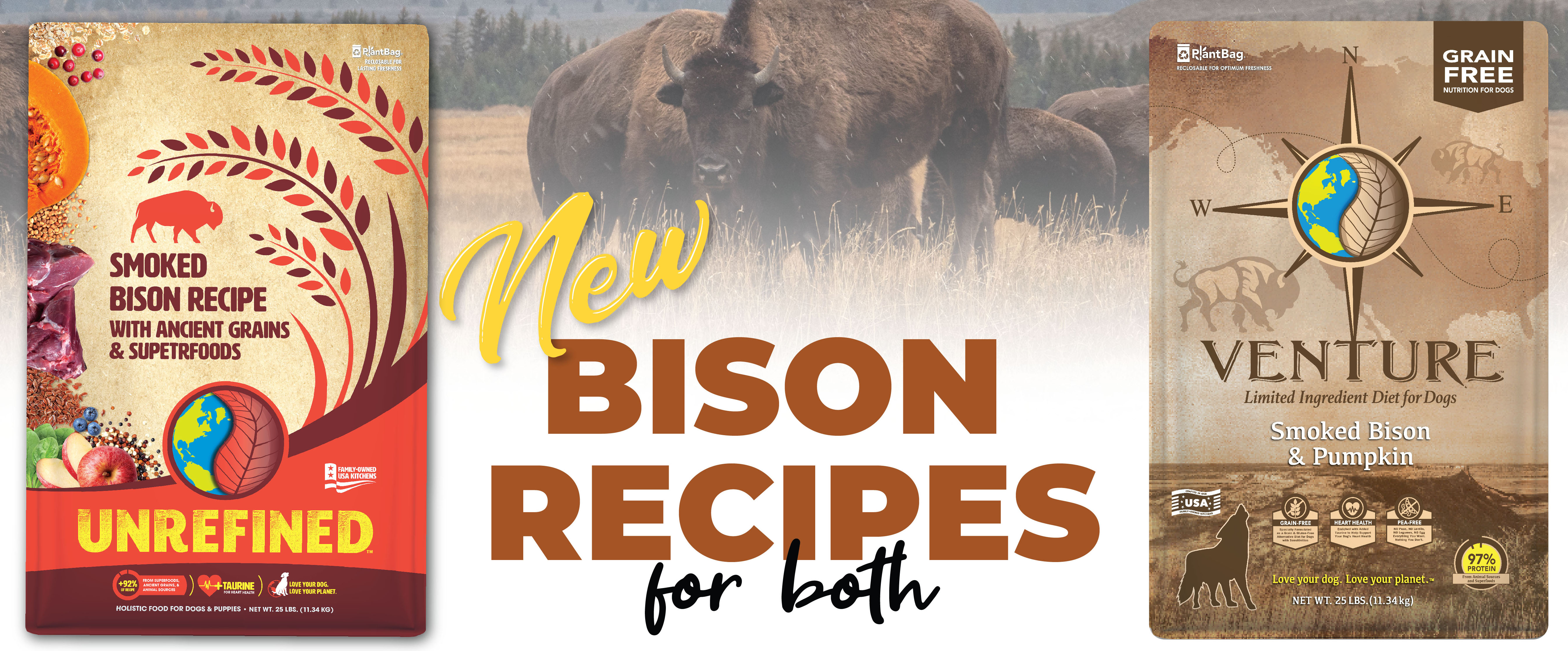 Earthborn Holistic's new Venture Smoked Bison & Pumpkin and Unrefined Smoked Bison Recipe