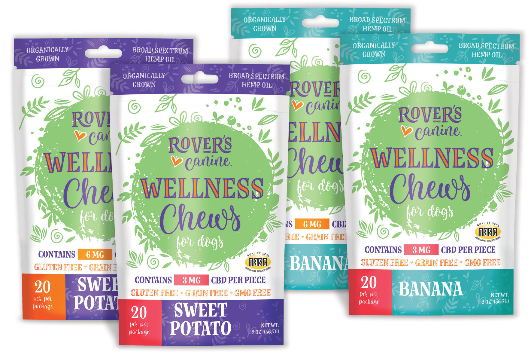 Rover’s Wellness’ Broad Spectrum Hemp Chews for dogs are infused with broad-spectrum hemp oil and include naturally occurring CBD.