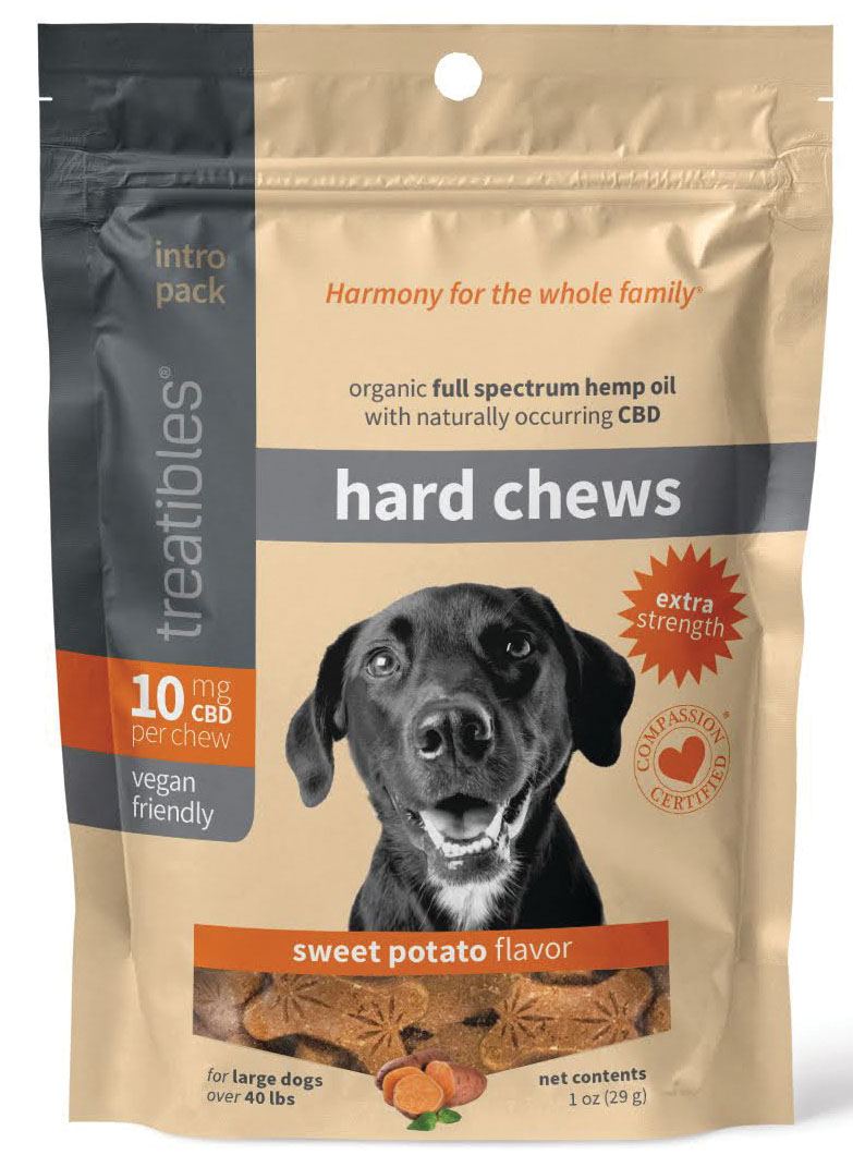 Treatibles Extra Strength Hard Chews are designed for any size dog experiencing discomfort or stress. They combine hemp CBD extract and turmeric in a sweet potato flavor.