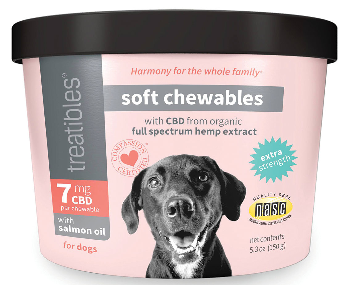 Treatibles Extra Strength Soft Chewables for dogs contain 7 mg of CBD per chew.