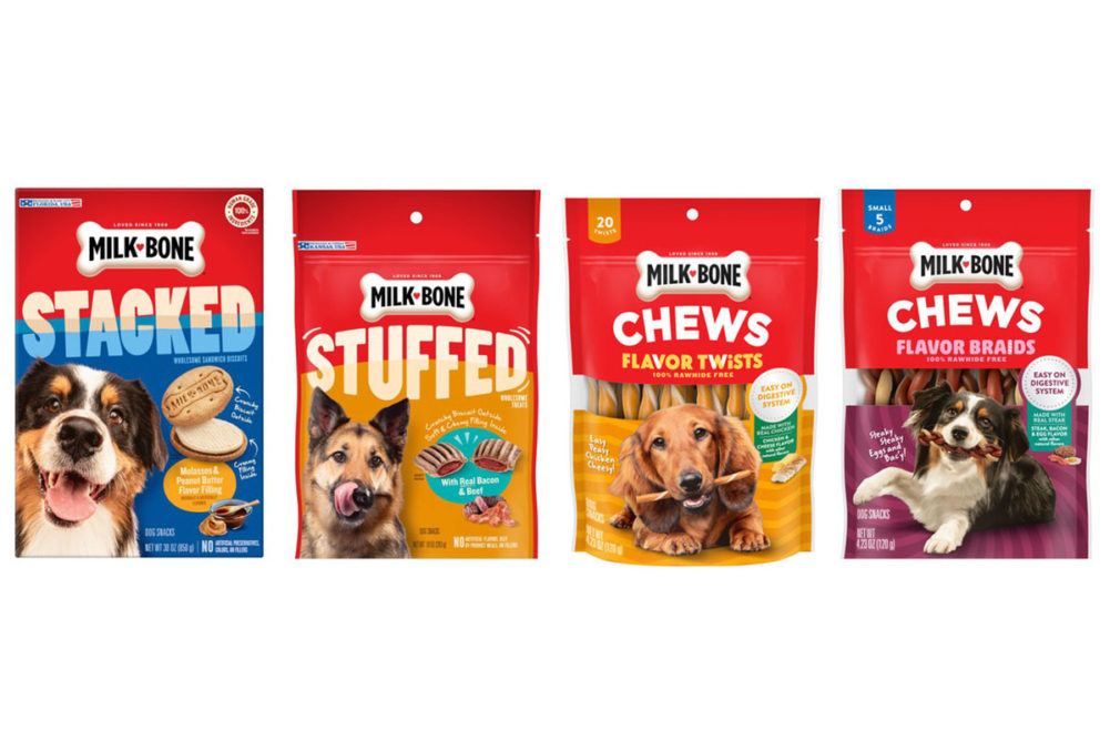 Milk-Bone's four new treats: Stacked biscuits, Stuffed biscuits, Flavor Twist Chews and Flavor Braid Chews.