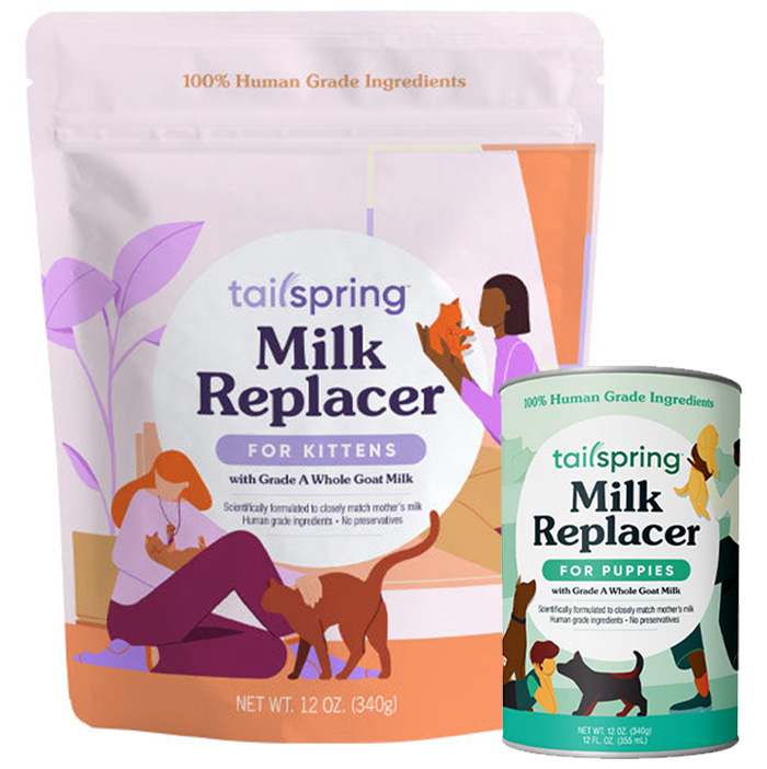 Tailspring goat milk replacers for puppies and kittens by Meyenberg