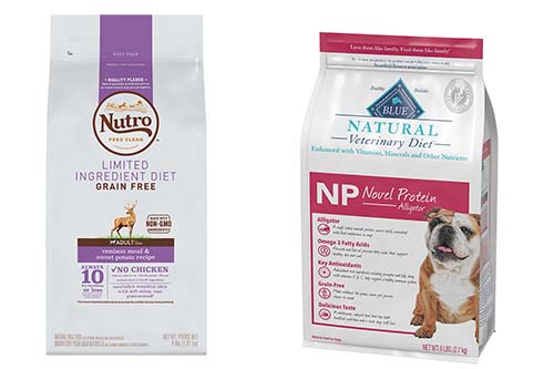 Nutro Limited-Ingredient grain-free venison pet food and Blue Buffalo Veterinary Diet dog food with alligator