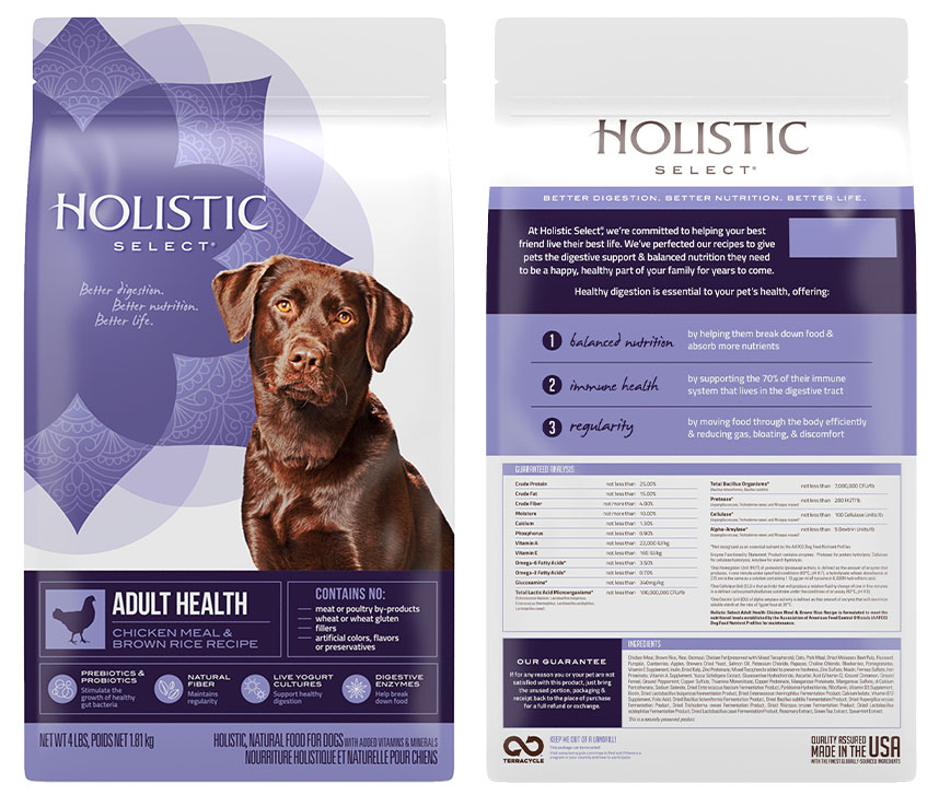 Holistic Select dog food, front and back of packaging