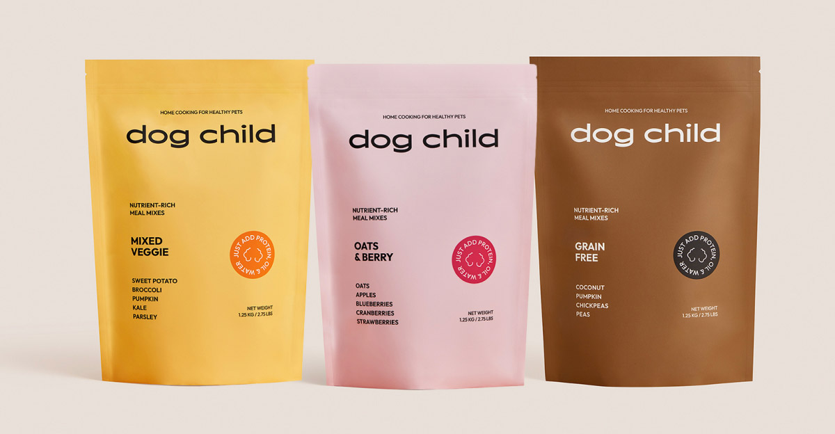 The initial Dog Child line, including three meal mix formulas and a variety of organic ingredients