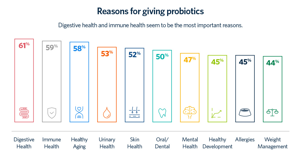 According to research by Chr. Hansen, 61{95b18eb6fc4f42efd0d92738dfc3fb79fde21da267a711ecdf0381147c27bb86} of pet owners associate probiotics with digestive health, 59{95b18eb6fc4f42efd0d92738dfc3fb79fde21da267a711ecdf0381147c27bb86} with immune health, 58{95b18eb6fc4f42efd0d92738dfc3fb79fde21da267a711ecdf0381147c27bb86} with healthy aging, 52{95b18eb6fc4f42efd0d92738dfc3fb79fde21da267a711ecdf0381147c27bb86} with skin health, and 50{95b18eb6fc4f42efd0d92738dfc3fb79fde21da267a711ecdf0381147c27bb86} with oral benefits.