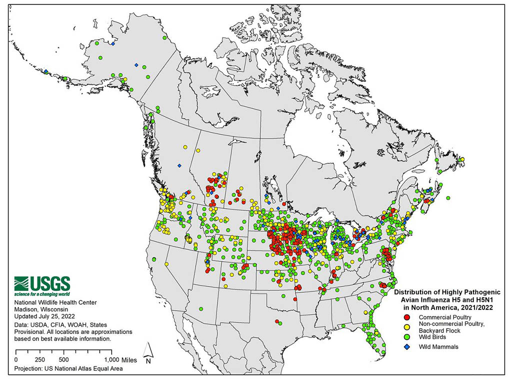 Distribution of Highly Pathogenic Avian Influenza H5 and H5N1 in North America, 2021/2022, United States Geological Survey (USGS) as reported on July 25, 2022