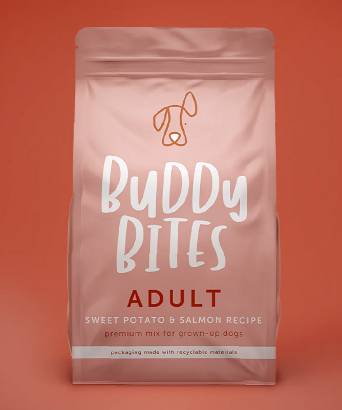 Buddy Bites' new Adult Sweet Potato & Salmon dog food formula includes a prebiotic blend to support gut health.