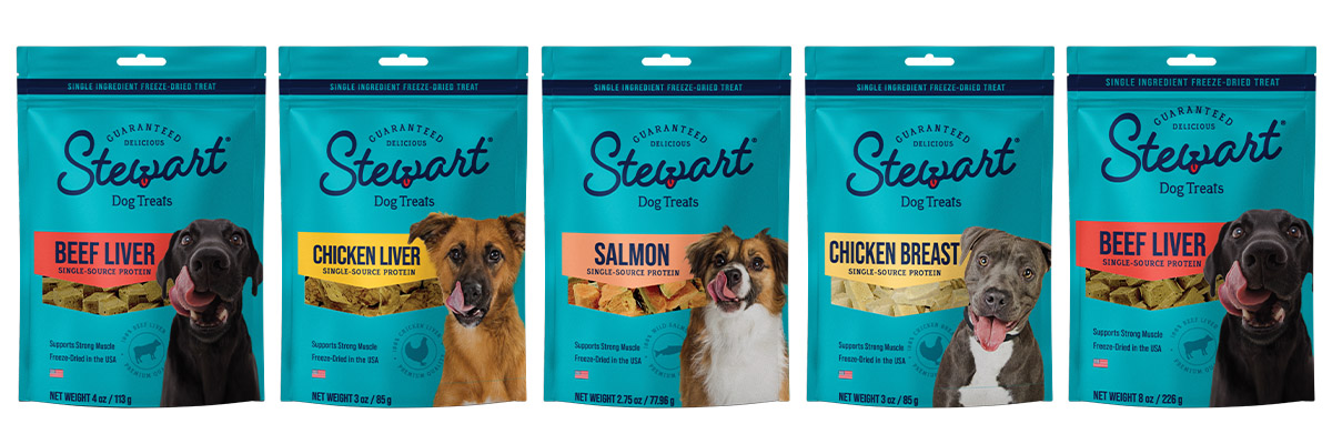 Stewart's new-and-improved package designs for its single-ingredient dog treat line