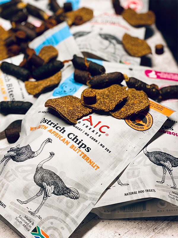 Caption: In early 2022, Mosaic established a partnership with one of world’s largest ostrich farms in South Africa to create its line of ostrich meat jerky treats for dogs.