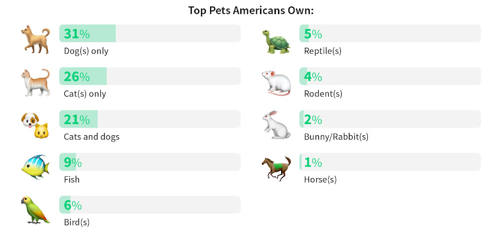 Tops pets Amercians own include dogs, cats, fish, birds, reptiles, rodents, rabbits and horses