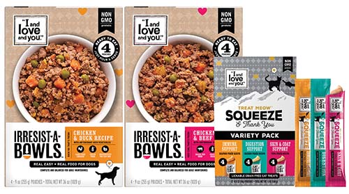 Treat Meow™ “Squeeze & Thank You” cat treats and Irresist-A-Bowls™ dog food by 