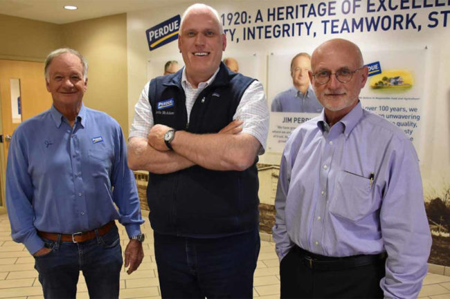 Jim Perdue, chairman of Perdue Farms, Kevin McAdams, incoming CEO and Randy Day, who is retiring as CEO. 