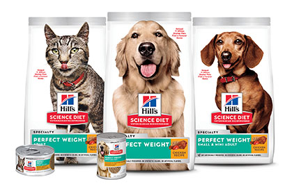 Hill’s Pet Nutrition’s Science Diet Perfect Weight line offers dry and wet diets formulated with high levels of fiber and protein, L-carnitine and coconut oil to support health metabolism and body weight in dogs and cats