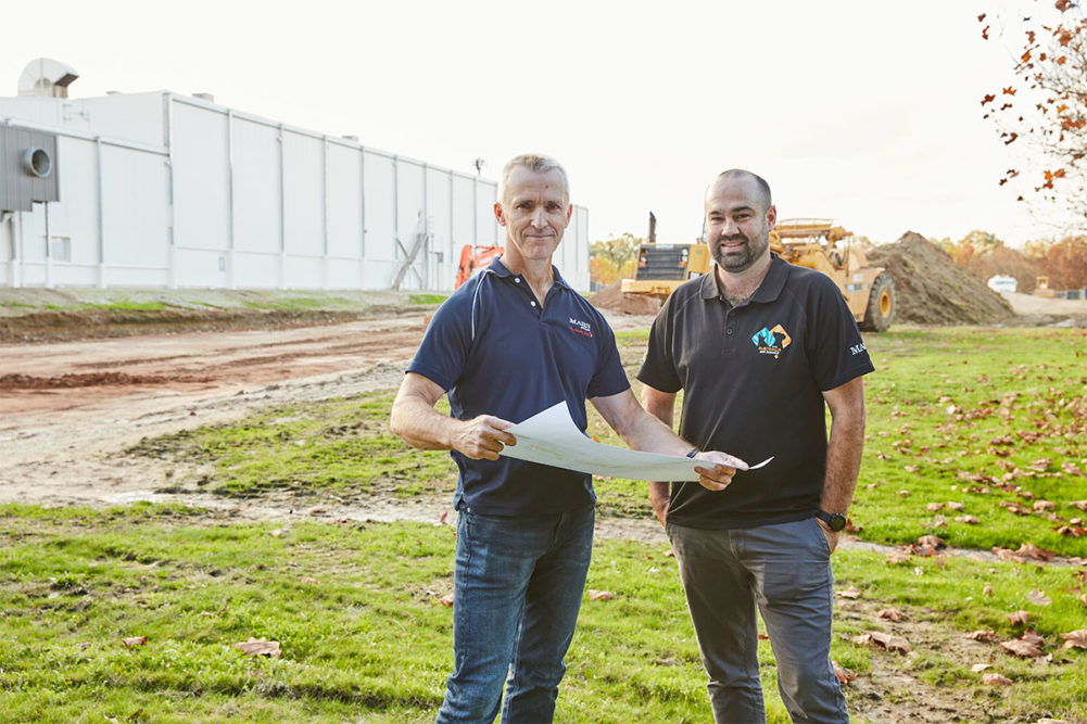 Brett Brown, Wodonga plant director at Mars Petcare Australia; and Aaron Pitson, project engineer; planning Mars Petcare's new facility