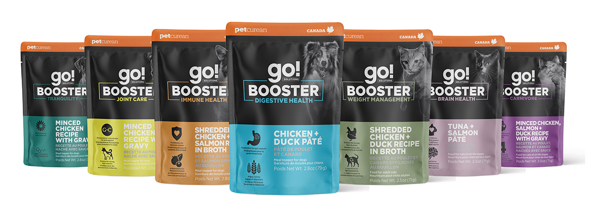 The full line of Go! Solutions Boosters by Petcurean