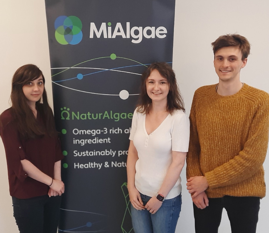 From left: Iseabail Farquhar, Charlotte Lee and Ben Baker, MiAlgae’s three Ph.D. interns, at the company’s offices in Edinburgh