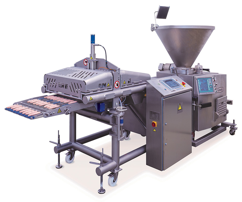 The DJM VacForm plate forming machine from Reiser operates in conjunction with the Vemag filler. The Vemag portions the pet food product and transports it to the VacForm, which forms it into the desired shape for further processing.
