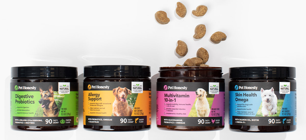 Pet Honesty’s Digestive Probiotic soft chews are produced in such a manner to allow probiotics to survive processing. 