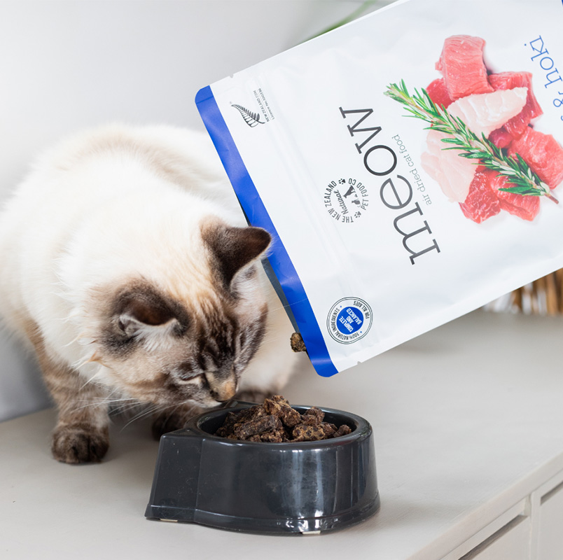 The brand’s cat product line, called MEOW, features single-protein as well as meat and seafood flavors