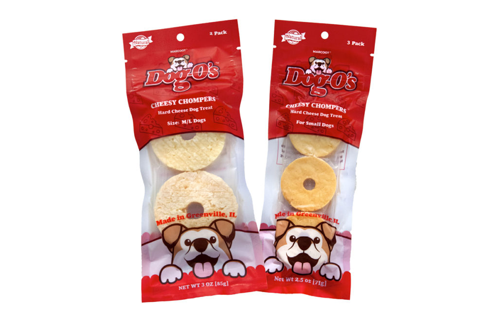 Dog-Os Cheesy Chompers dog treats in packaging