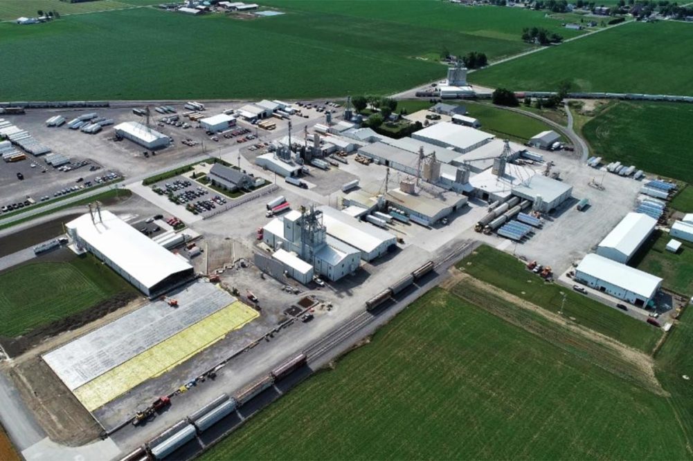 Aerial view of D&D Ingredient Distributors’ state-of-the-art, 62,500-square-foot warehouse (lower left) nearing completion at the company’s Delphos, Ohio manufacturing campus.