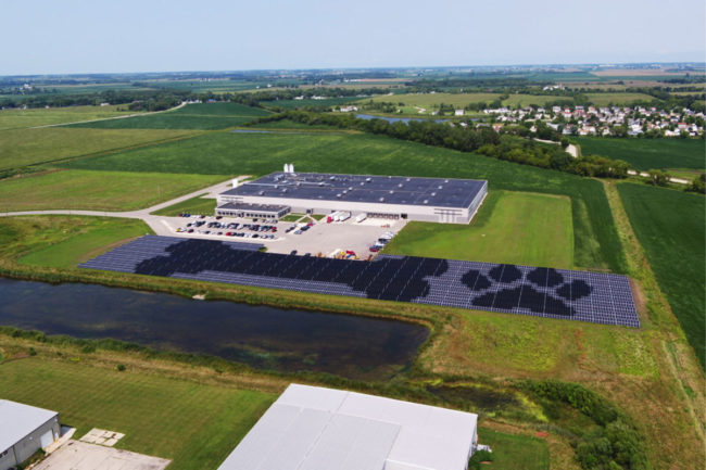 Solar array installed outside of Pedigree Ovens pet treat manufacturing facility