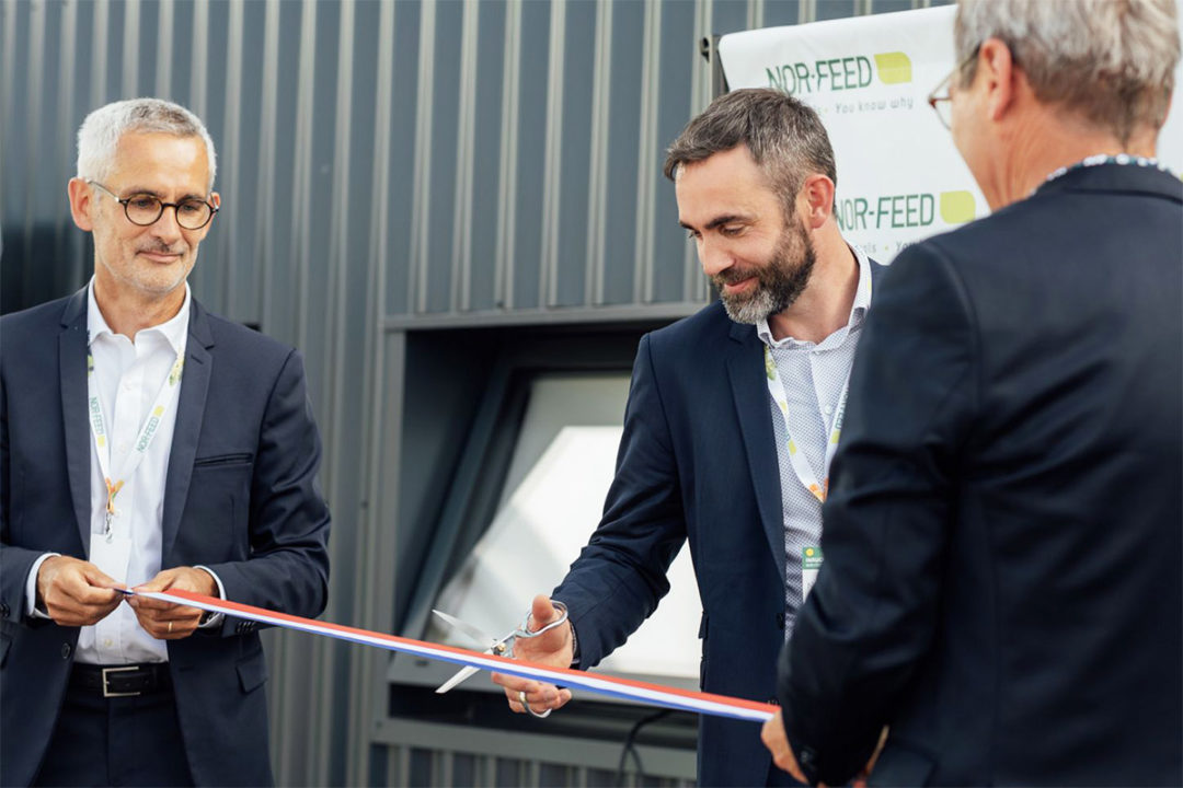 From left: Olivier Clech, joint CEO, Nicolas Tessier, industrial director, and Pierre Chicoteau, joint CEO at Nor-Feed during the opening ceremony in Chemillé on Sept. 7.