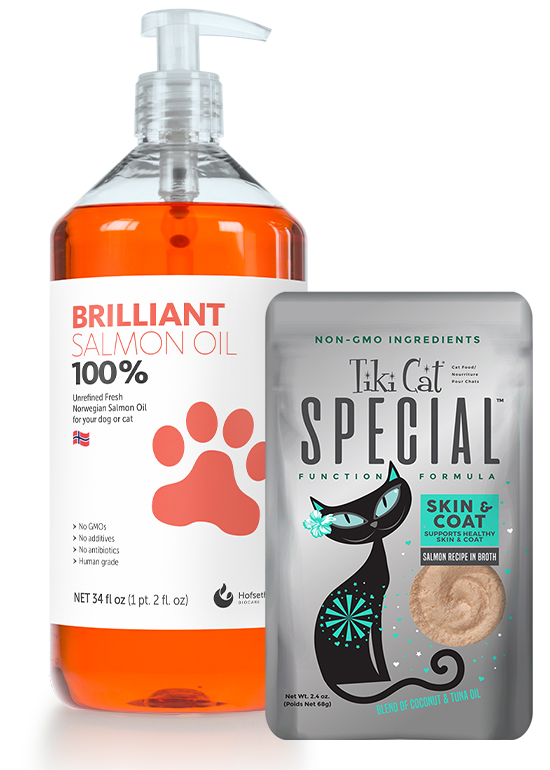Brilliant Salmon Oil and Tiki Cat Special formulas represent functional oil-inclusive pet supplements on the market today.