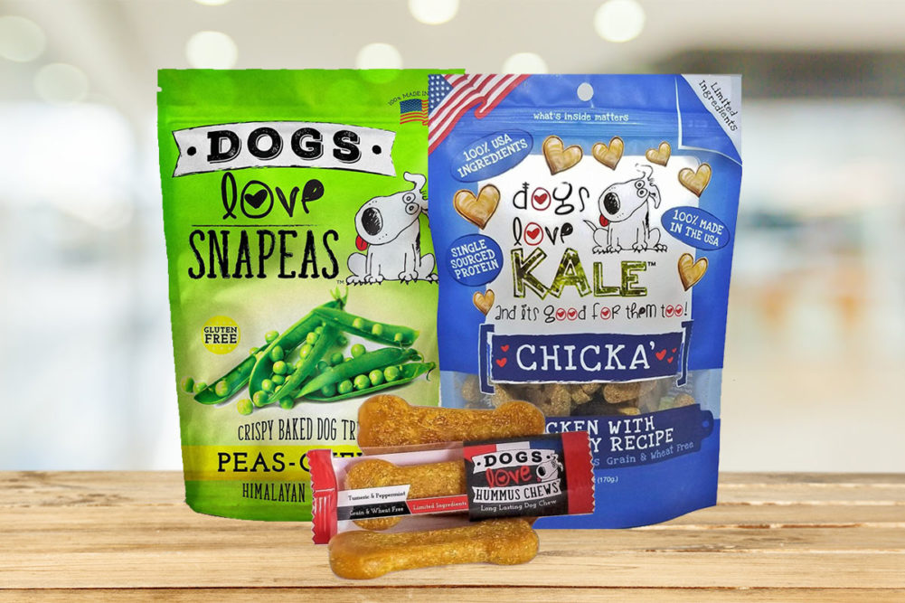 Dogs Love Us products: Dogs Love Snapeas, Dogs Love Kale, and Dogs Love Hummus Chews