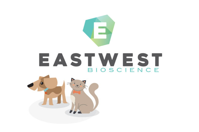 EastWest Bioscience logo with cartoon cat and dog graphic