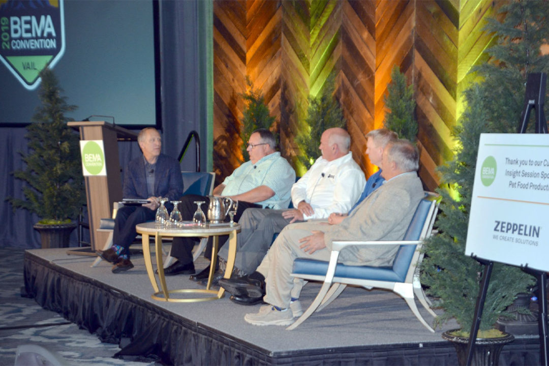 From left: Steve Berne, publisher of Pet Food Processing magazine, Todd Dunlop of Hampshire Pet Products, Rocky Kristek of Three Dog Bakery, Luke Koele of Stella & Chewy's, and Kurt Stricker of Pedigree Ovens.