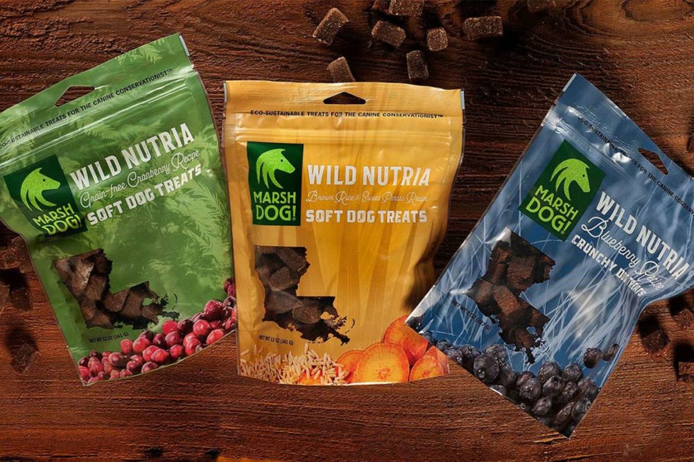 Three new dog treats from Marsh Dog: Wild Nutria Blueberry, Wild Nutria Grain-Free Cranberry, and Wild Nutria Brown Rice and Sweet Potato