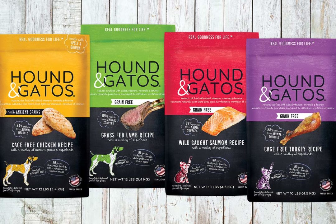 Hound & Gatos dry dog food and dry cat food package