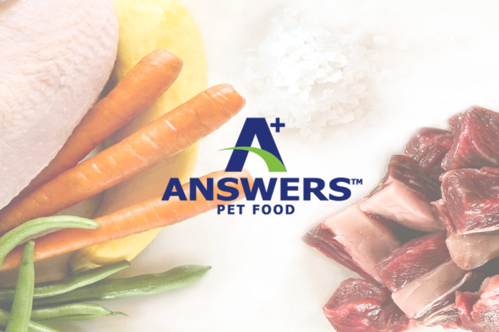 A+ Answers Pet Food logo and raw beef with parsley and salt