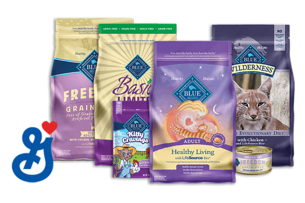 Blue Buffalo cat food packages and General Mills logo