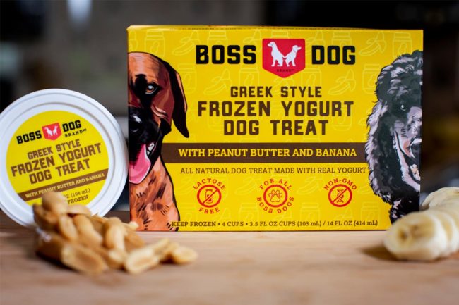 Boss Dog Brand frozen Greek yogurt dog treats, peanut butter and banana flavor