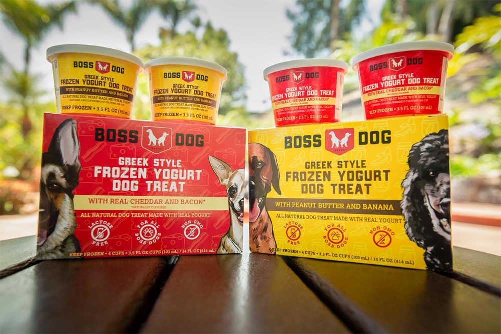 Boss Dog Brand Greek Style Frozen Yogurt Dog Treats, peanut butter and banana and real cheddar and bacon formulas