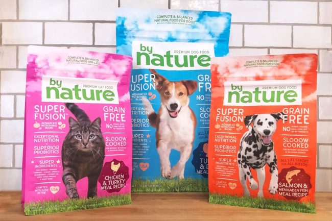 BrightPet By Nature products: Chicken & Turkey for cats, Turkey and Duck for dogs, and Salmon and Menhaden Fish for dogs.