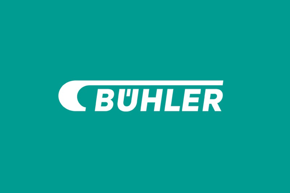 White Bühler logo on seafoam green background