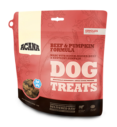 New ACANA Singles limited-ingredient dog treats, Beef & Pumpkin formula