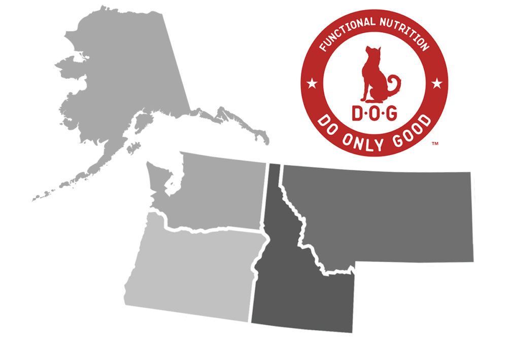 D.O.G. Certified Pet Nutrition logo and map of Alaska, Washington, Oregon, Idaho and Montana (©STOCKR - STOCK.ADOBE.COM)