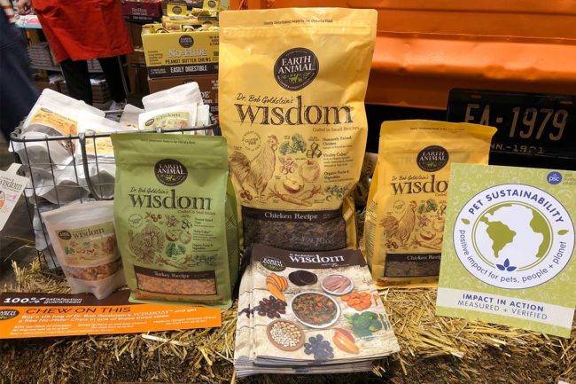 Earth Animal's display of its new Wisdom pet diet at its booth during Global Pet Expo 2019.