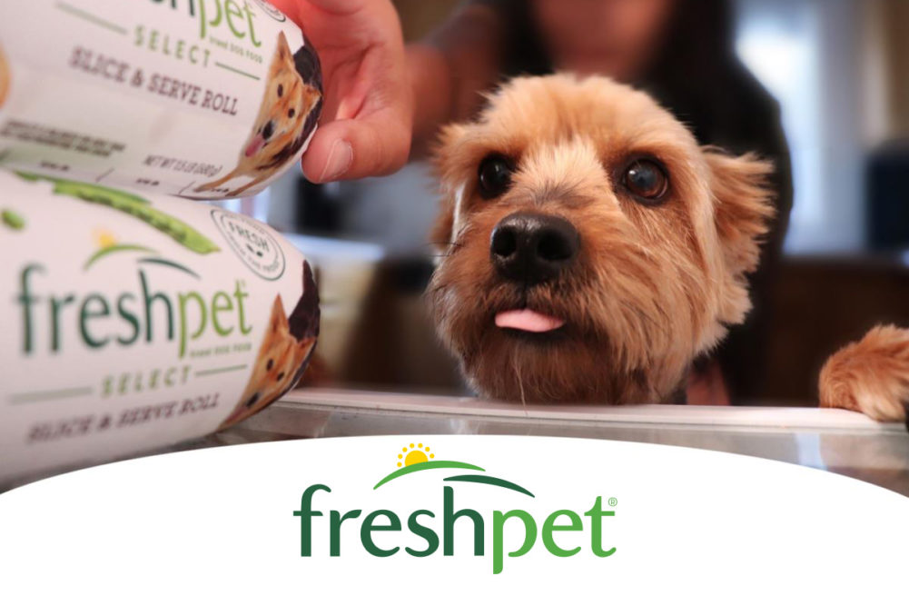 Freshpet logo, small dog with tongue out looking at Freshpet rolls in fridge.