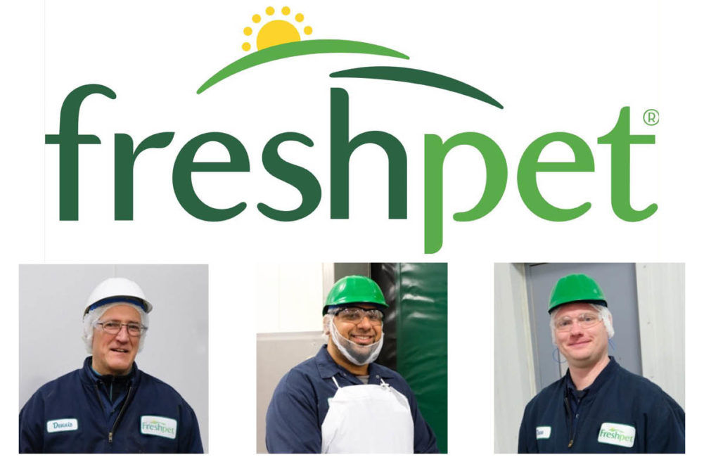 Freshpet logo, three members of Freshpet kitchen team: Dennis, Javier and Dave