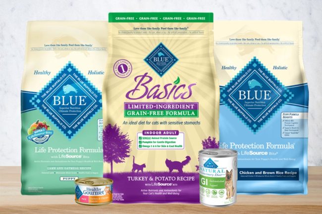 Blue Buffalo products: Life Protection formulas, Grain-Free Limited-Ingredient Basics cat food, Natural Veterinary Diet for dogs, Healthy Gourmet for cats