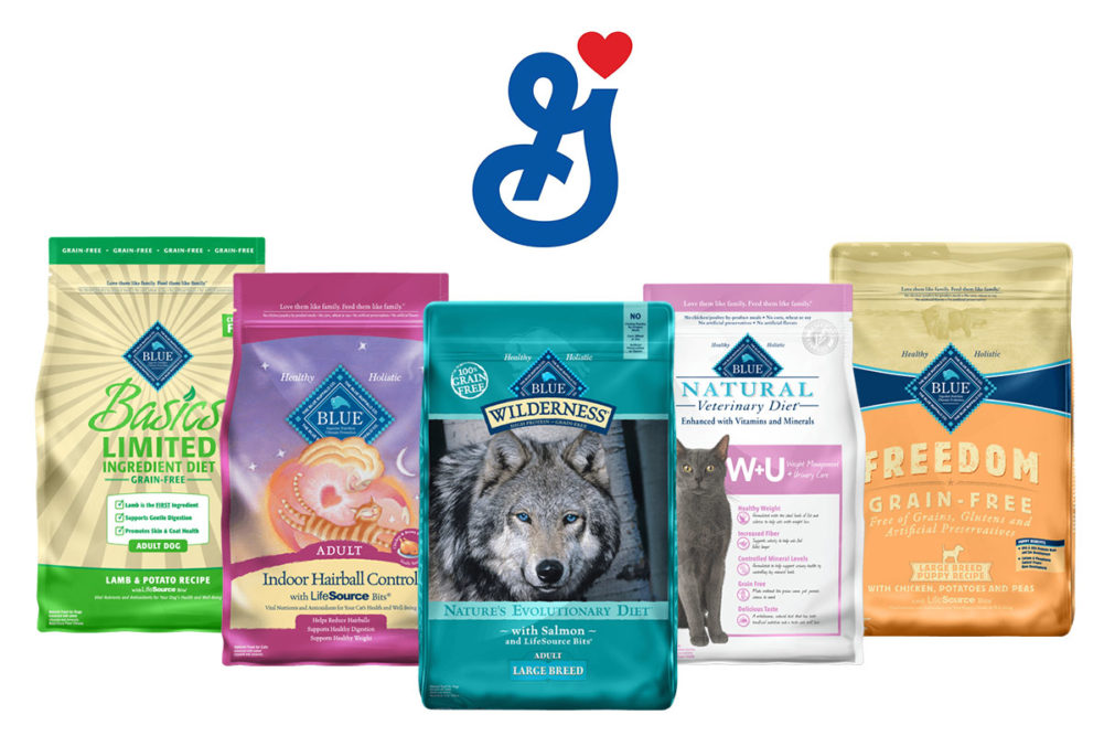 Blue Buffalo dog and cat food products and General Mills logo