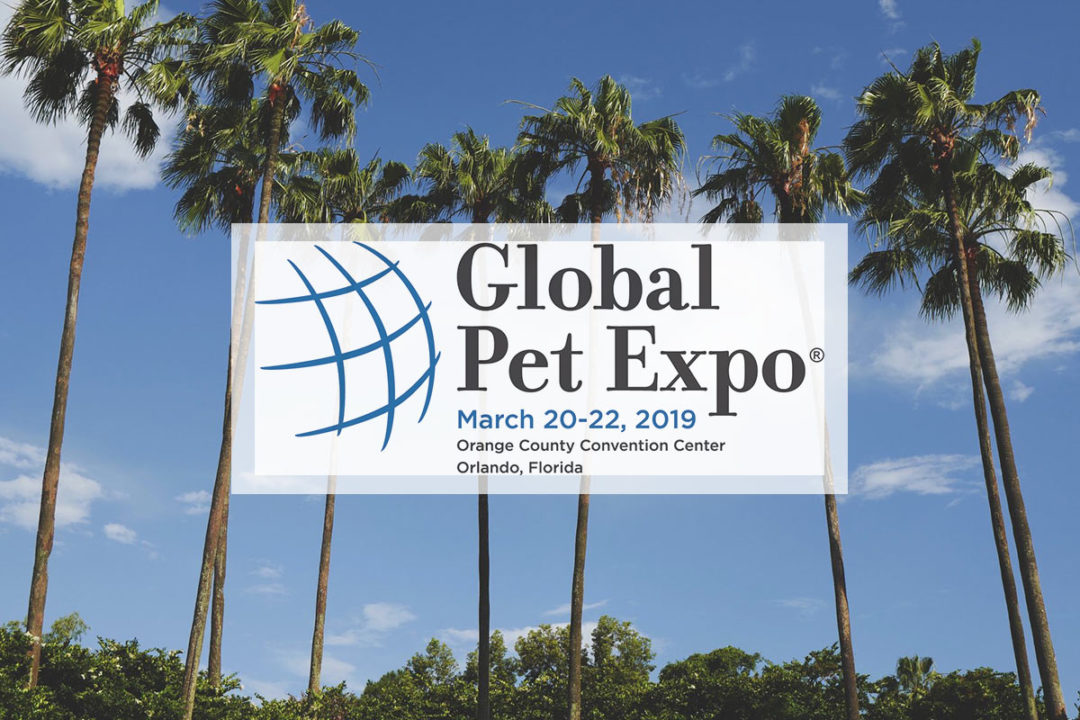 Palm trees in Orlando and Global Pet Expo 2019 logo