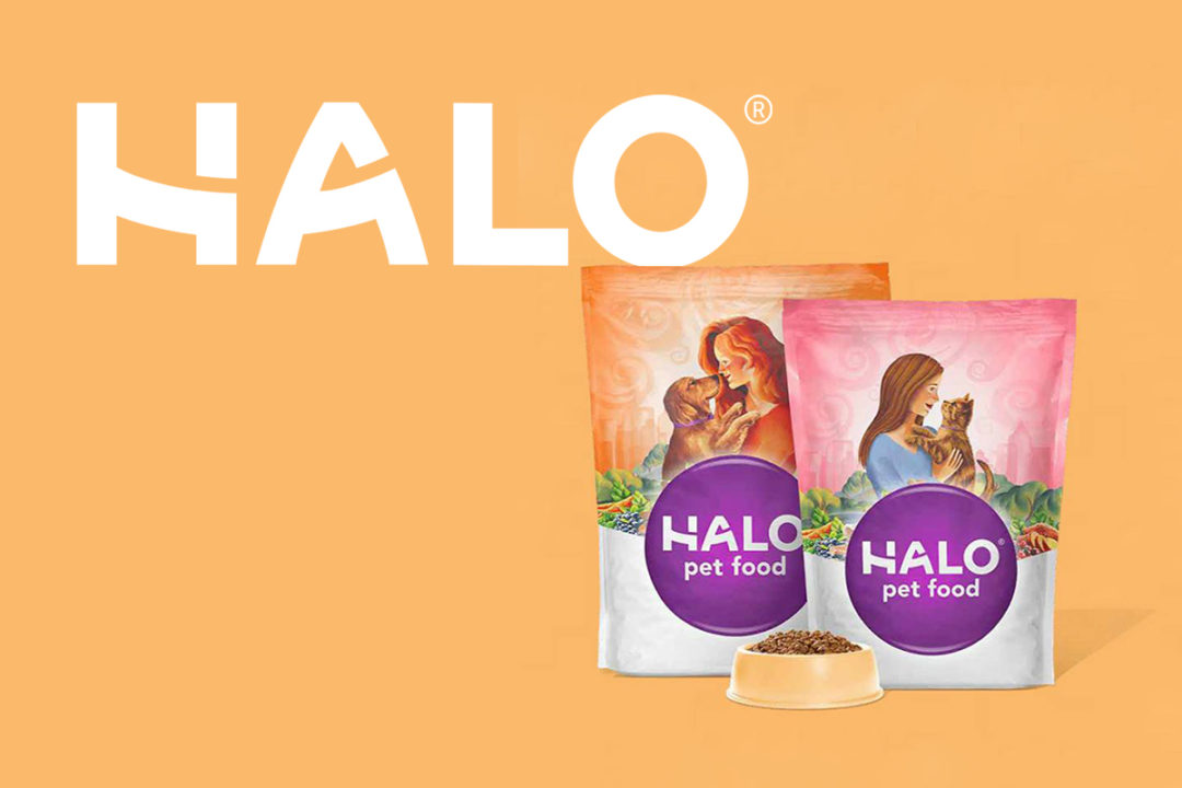 Halo logo and pet food bags graphic