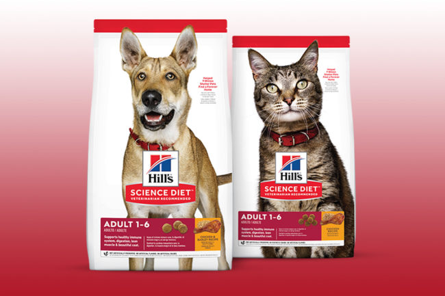Hill's new Science Diet packaging, "Adult 1-6" dog and cat formulas